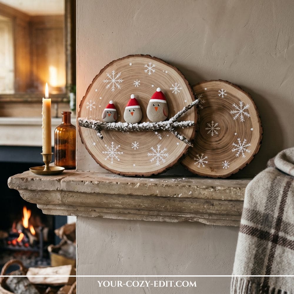 Handmade DIY natural Christmas decor featuring painted stone pebble birds on a wood slice styled on a rustic fireplace mantel with a lit candle.