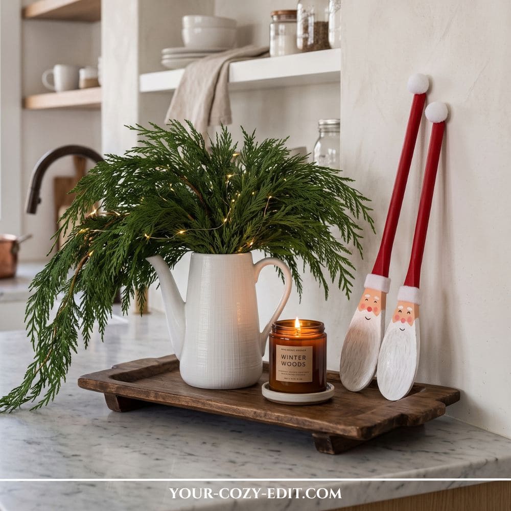 Handmade DIY natural Christmas decor featuring painted wooden spoon Santas styled on a rustic wooden tray with a holiday candle and greenery in a kitchen.