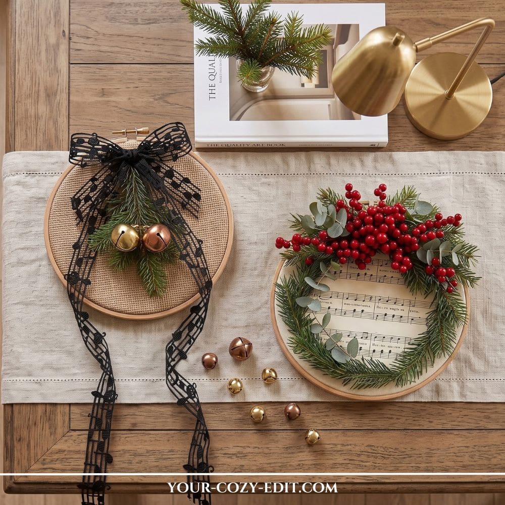 Handmade DIY natural Christmas decor featuring two embroidery hoop wreaths with vintage sheet music, burlap, red berries, greenery, and brass bells on a wooden coffee table.
