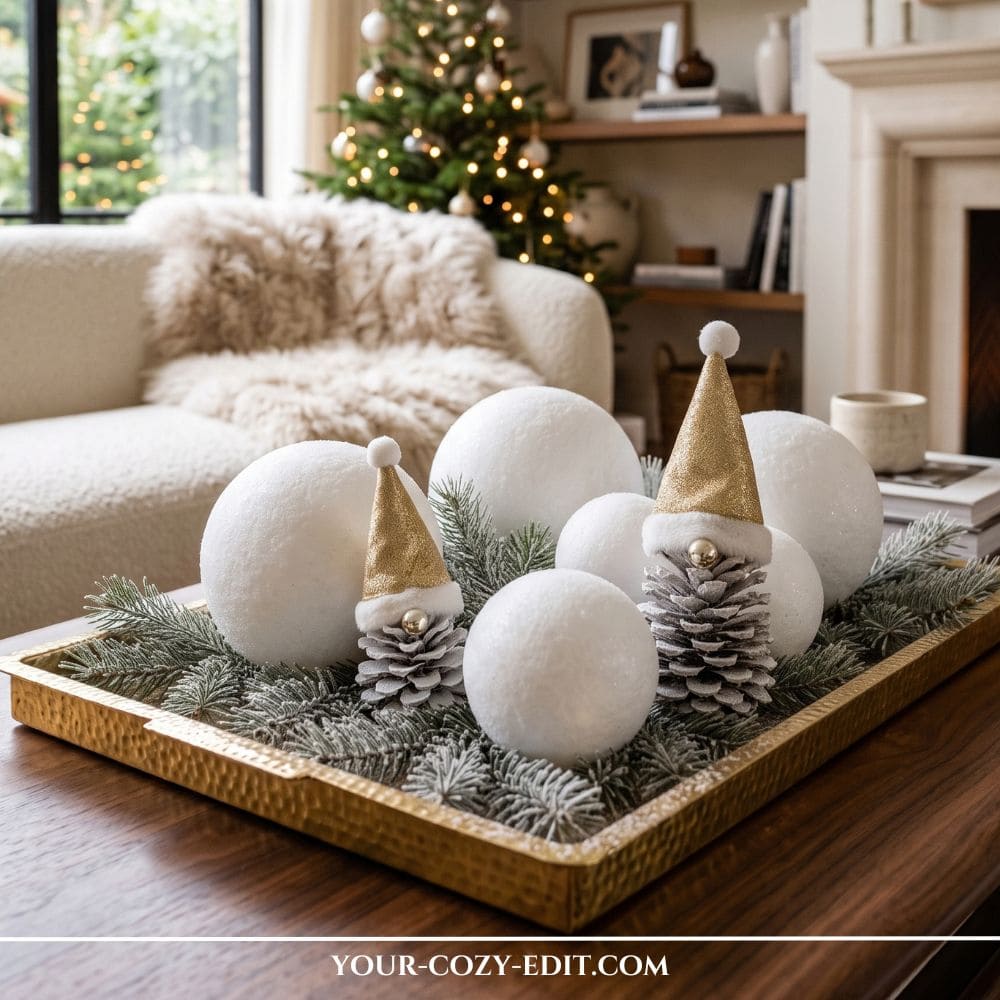 Handmade DIY natural Christmas decor featuring pinecone gnomes with gold hats and white snowball spheres on a brass tray with evergreen branches.