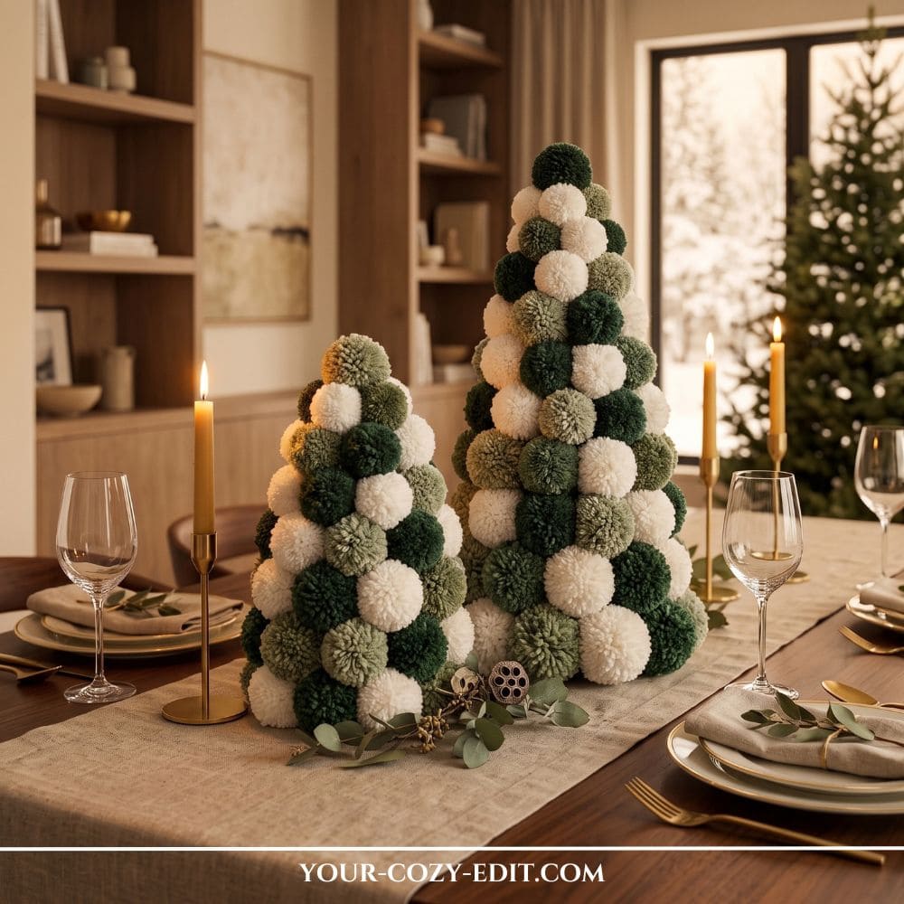 Handmade DIY natural Christmas decor featuring green and white yarn pom-pom Christmas tree centerpieces styled with brass candleholders on a dining table.