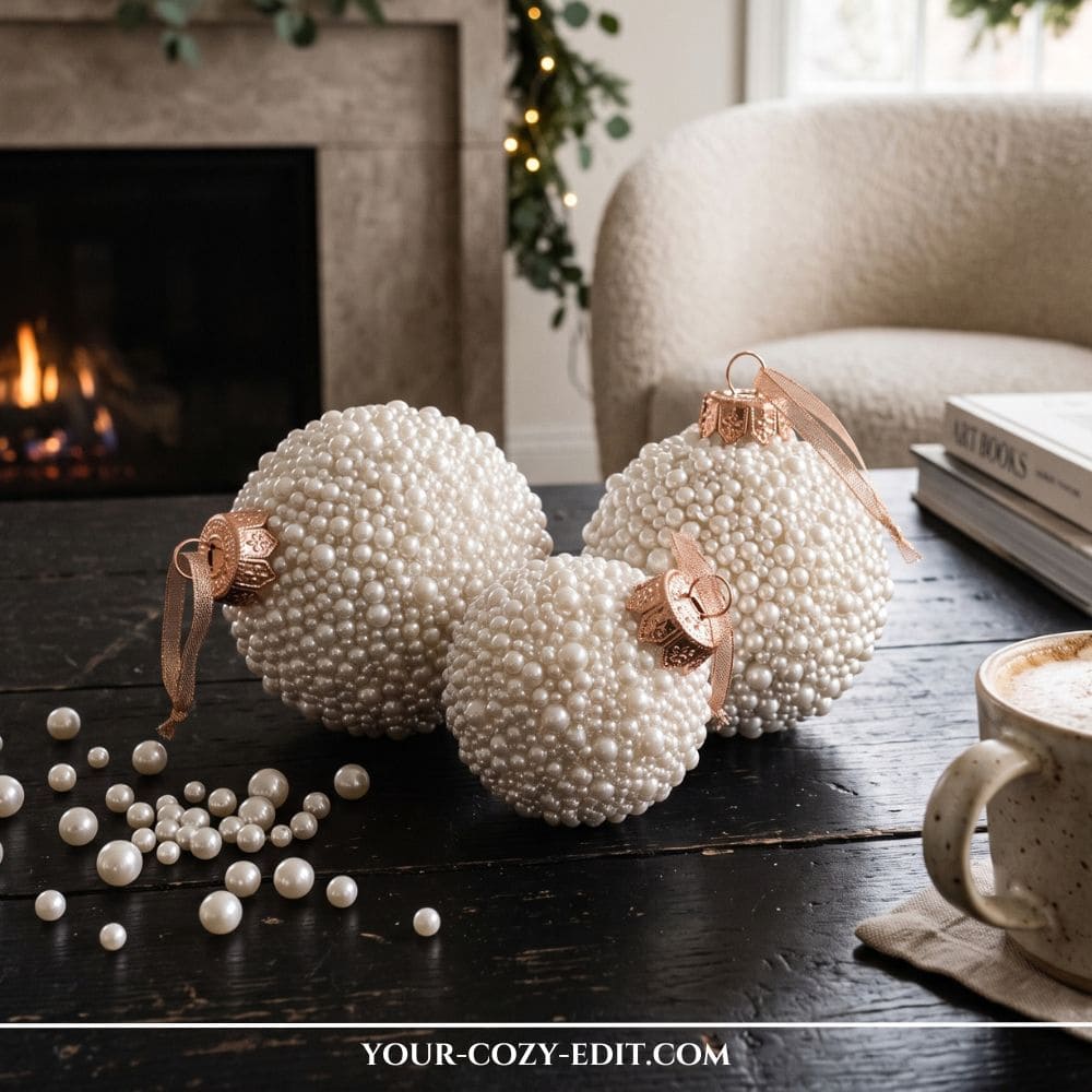 Handmade DIY natural Christmas decor featuring elegant white pearl Christmas ornaments and loose pearls on a dark wooden coffee table with a cozy fireplace background.