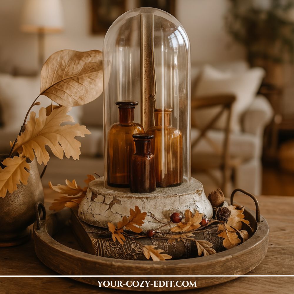 Vintage fall tray decor ideas featuring amber glass bottles under a glass cloche, dried oak leaves, and antique books styled on a round wooden tray.
