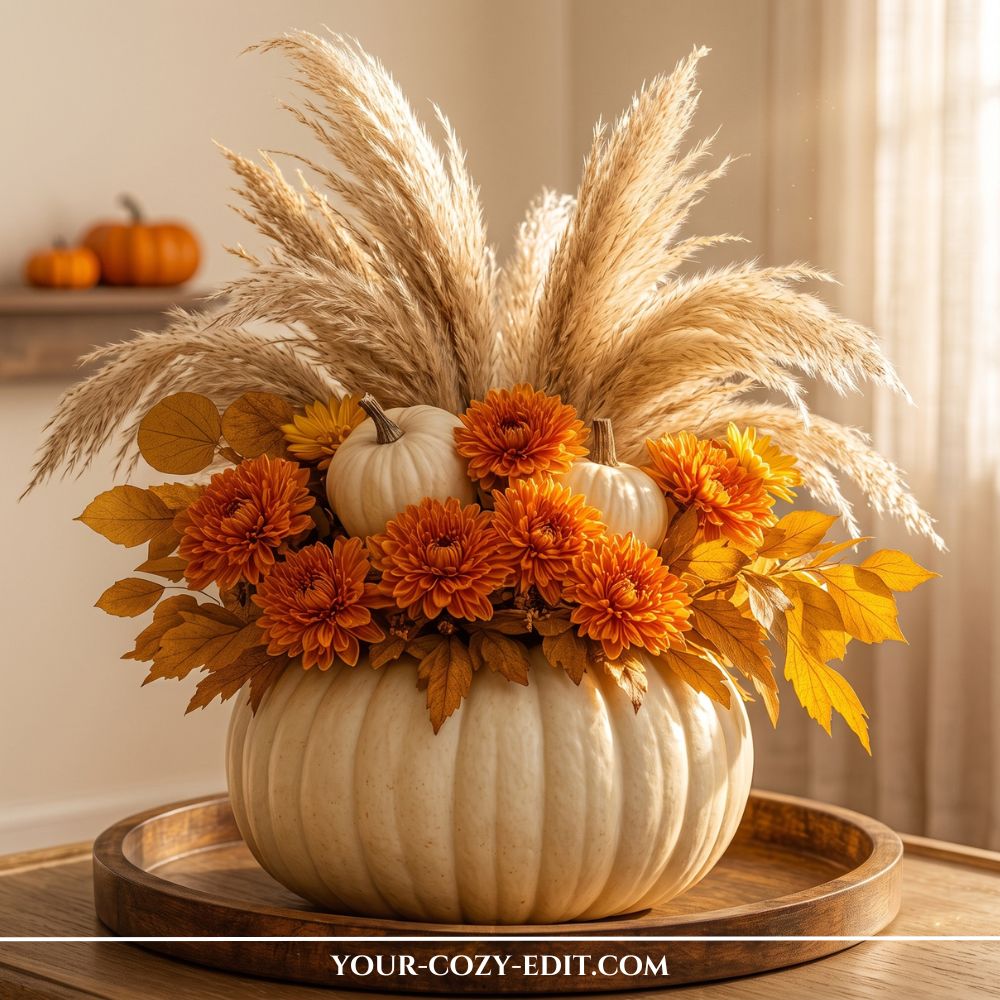 Creative fall tray decor ideas featuring a white pumpkin vase filled with orange mums, pampas grass, and golden leaves on a round wooden tray.