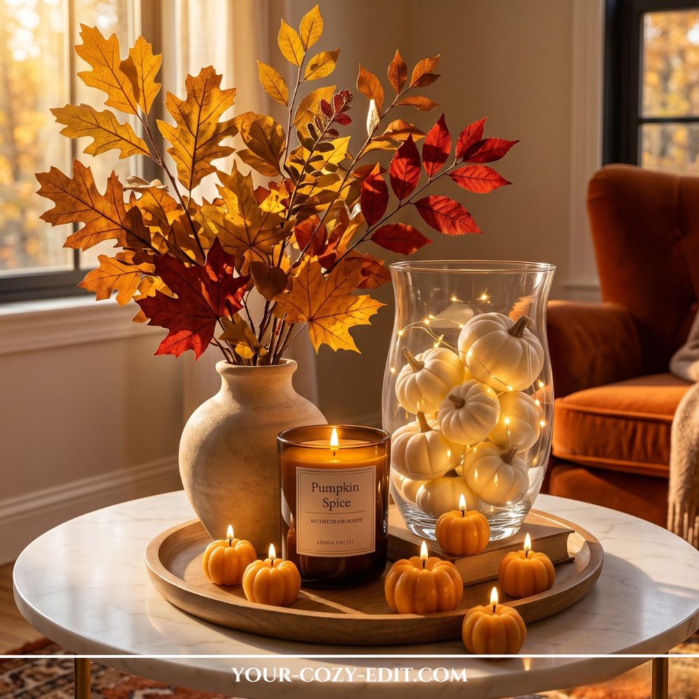 Effortless fall tray decor ideas styled with white pumpkins and fairy lights in a glass vase, autumn branches, and glowing pumpkin candles on a wooden tray.