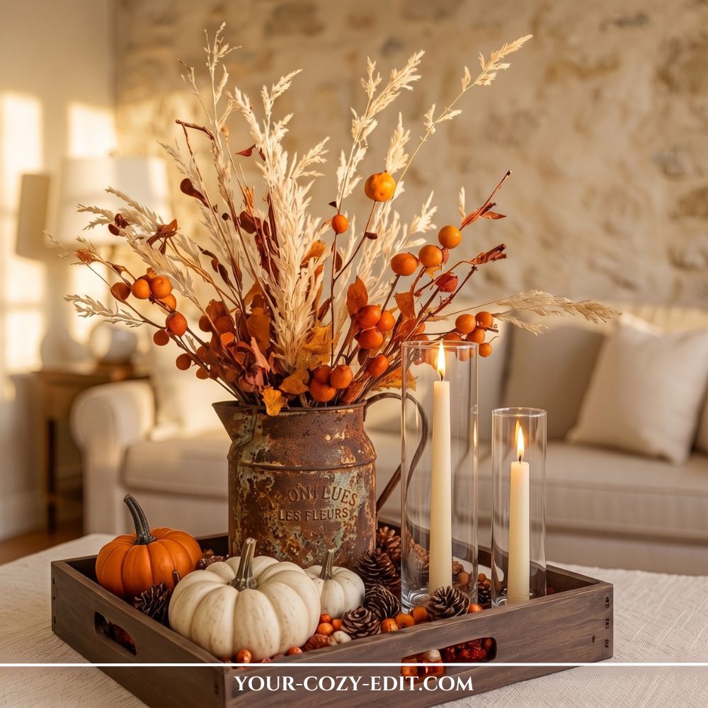 Rustic fall tray decor ideas featuring orange berry branches and dried grass in a stoneware crock, white mini pumpkins, pinecones, and a glowing candle on a dark wood tray.