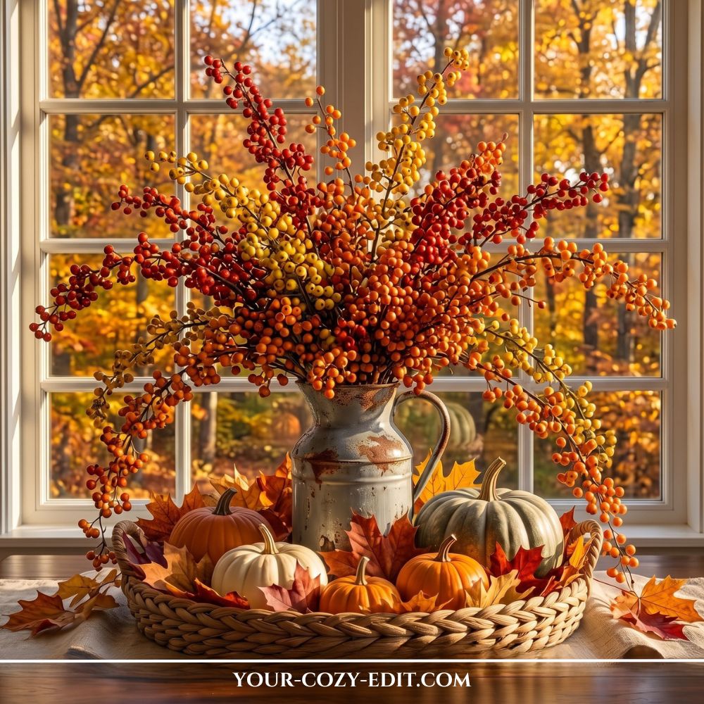 Rustic fall tray decor ideas styled in a woven basket tray with a vintage pitcher, autumn leaves, and assorted heirloom pumpkins in front of a window.