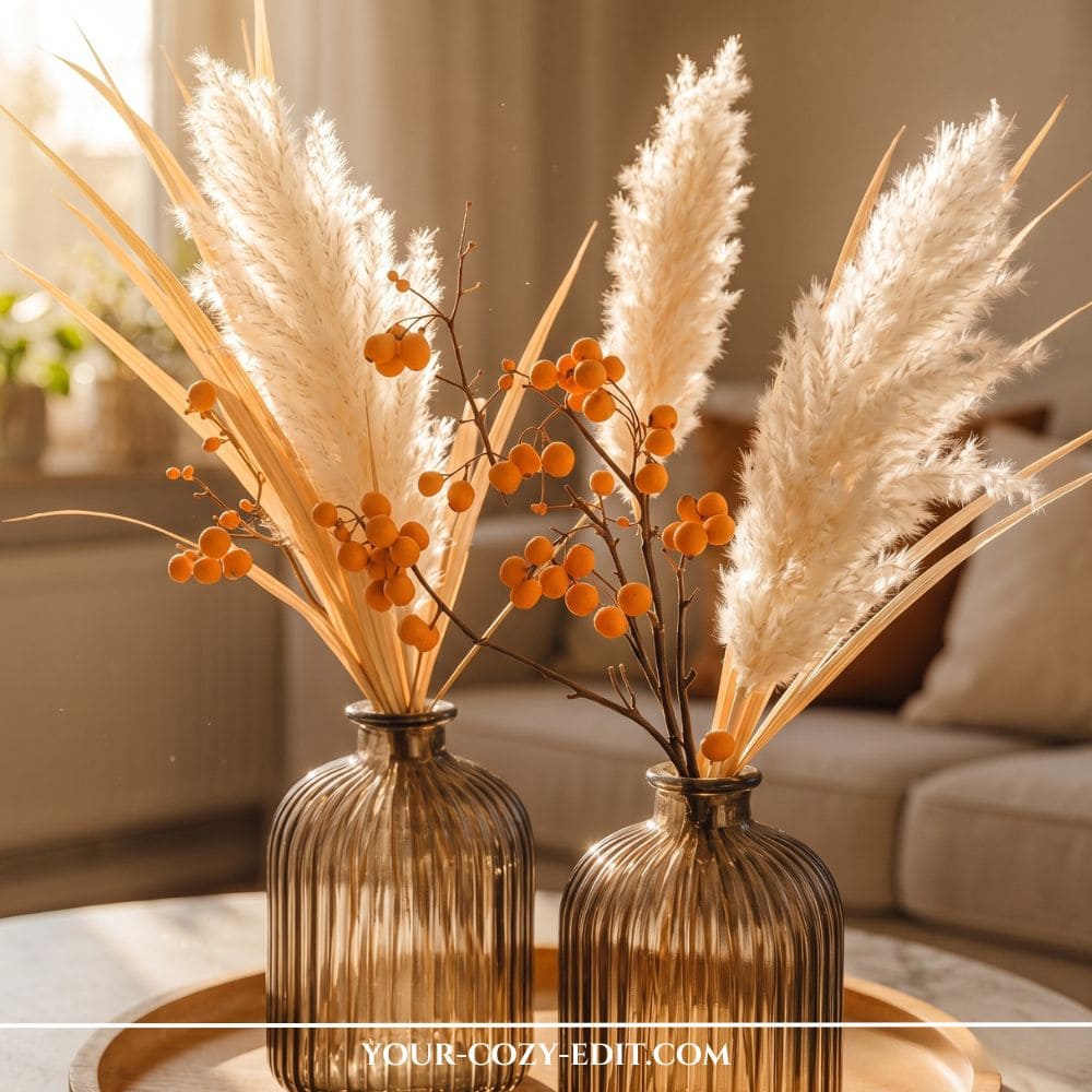 Minimalist fall tray decor ideas styled with ribbed glass vases, fluffy pampas grass, dried palm spears, and orange berry stems on a wooden tray.