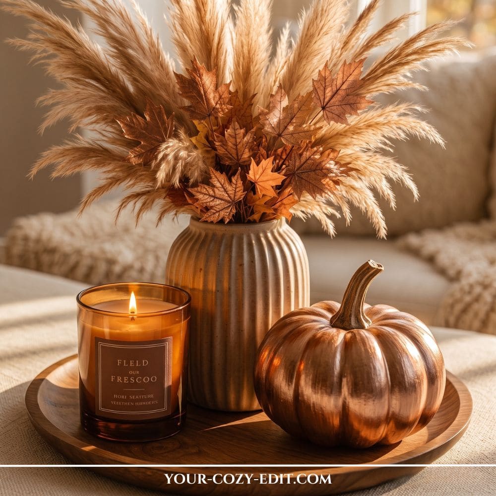 Chic fall tray decor ideas featuring a shiny copper pumpkin, an amber glass candle, and a fluted vase with pampas grass on a round wood tray.