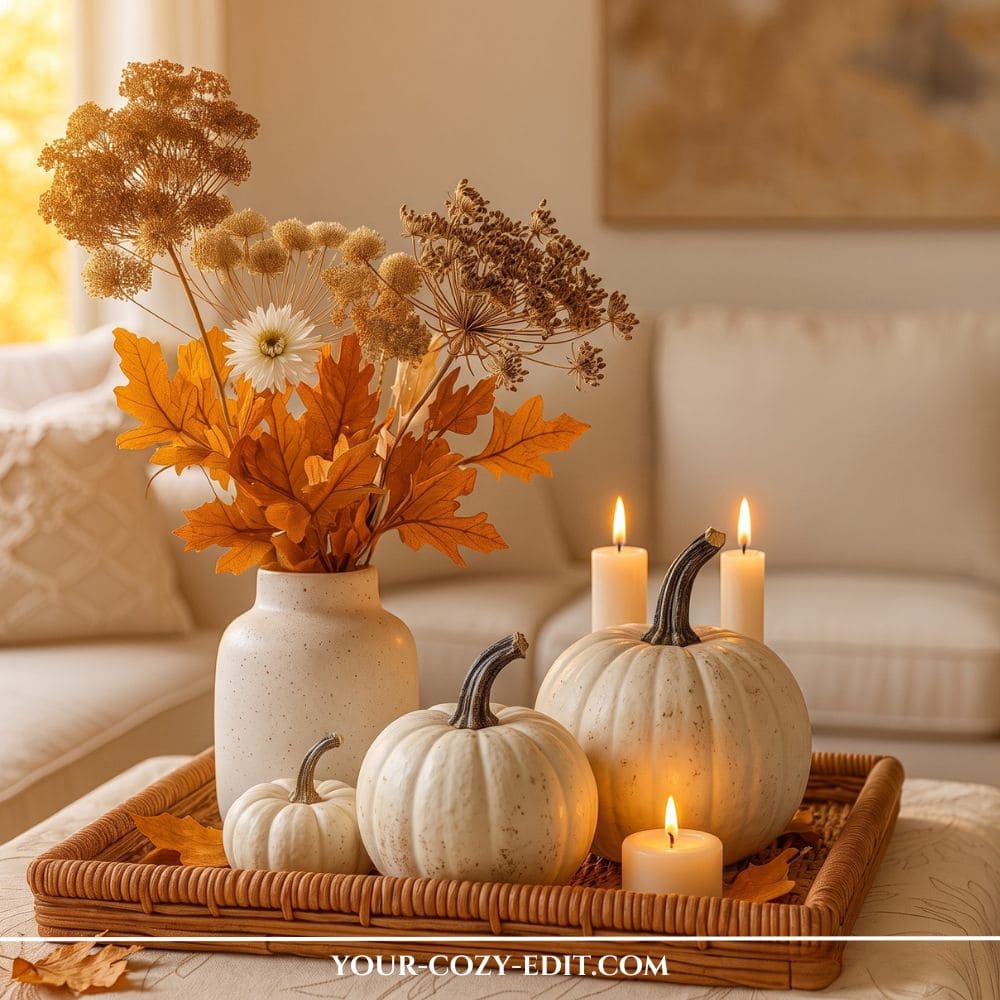 Warm fall tray decor ideas styled in a woven rattan tray with white heirloom pumpkins, glowing candles, and autumn foliage in a ceramic vase on an ottoman.