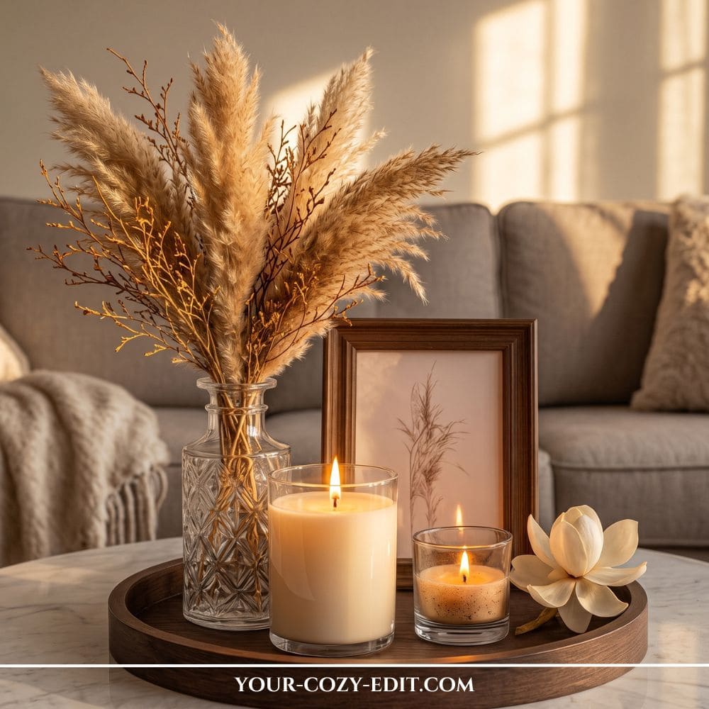 Neutral fall tray decor ideas featuring fluffy pampas grass in a glass vase, glowing candles, a small framed print, and a dark round wooden tray on a marble table.