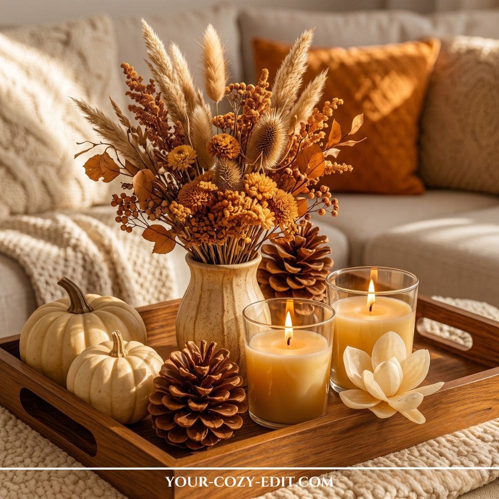 Warm fall tray decor ideas styled in a wooden tray with cutout handles, dried floral arrangement in a ceramic vase, white pumpkins, pinecones, and glowing candles.