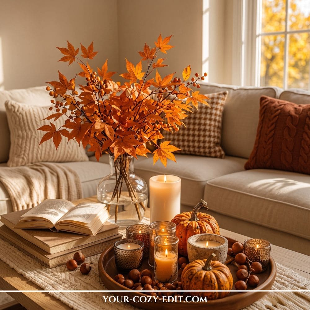 Cozy fall tray decor idea styled with glowing candle votives, mini pumpkins, chestnuts, stacked books, and a glass vase with autumn leaves on a wooden table.