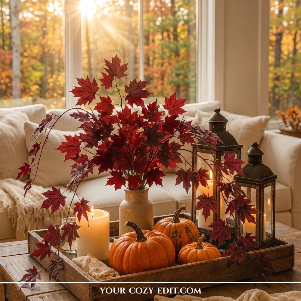 Rustic fall tray decor idea featuring dark metal lanterns, glowing candles, mini pumpkins, and deep red maple branches on a wooden coffee table.
