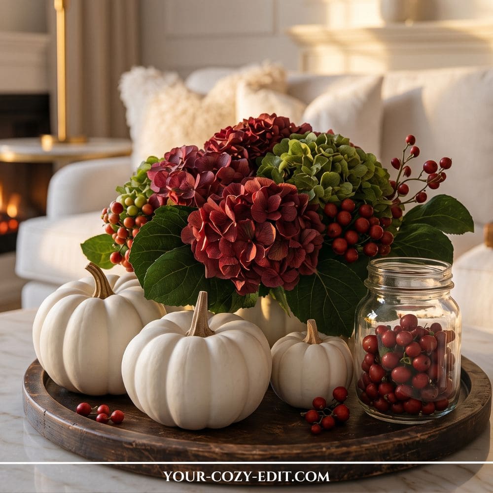 Chic fall tray decor ideas styled with deep red and green hydrangeas, three white pumpkins, and red berries in a mason jar on a round dark wood tray.