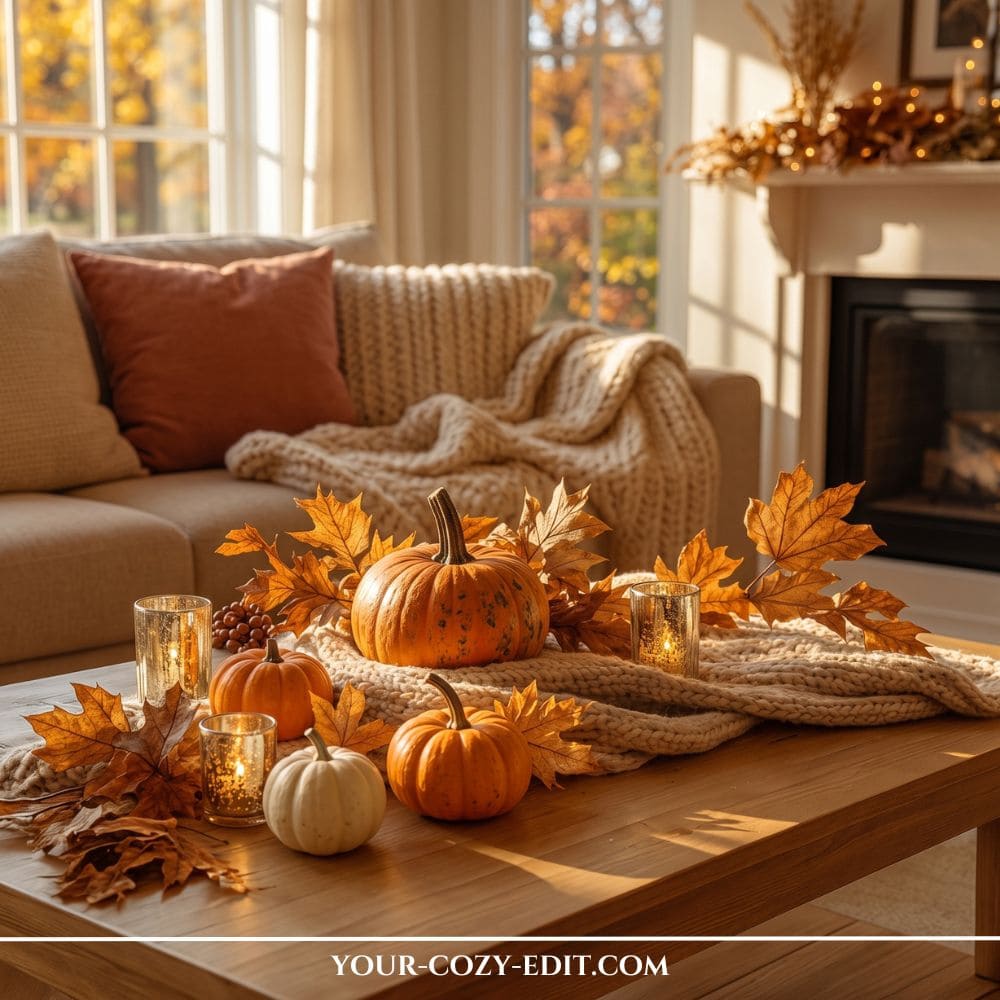 Creative fall tray decor ideas using a chunky knit blanket on a coffee table with mini pumpkins, glowing votives, and autumn leaves.