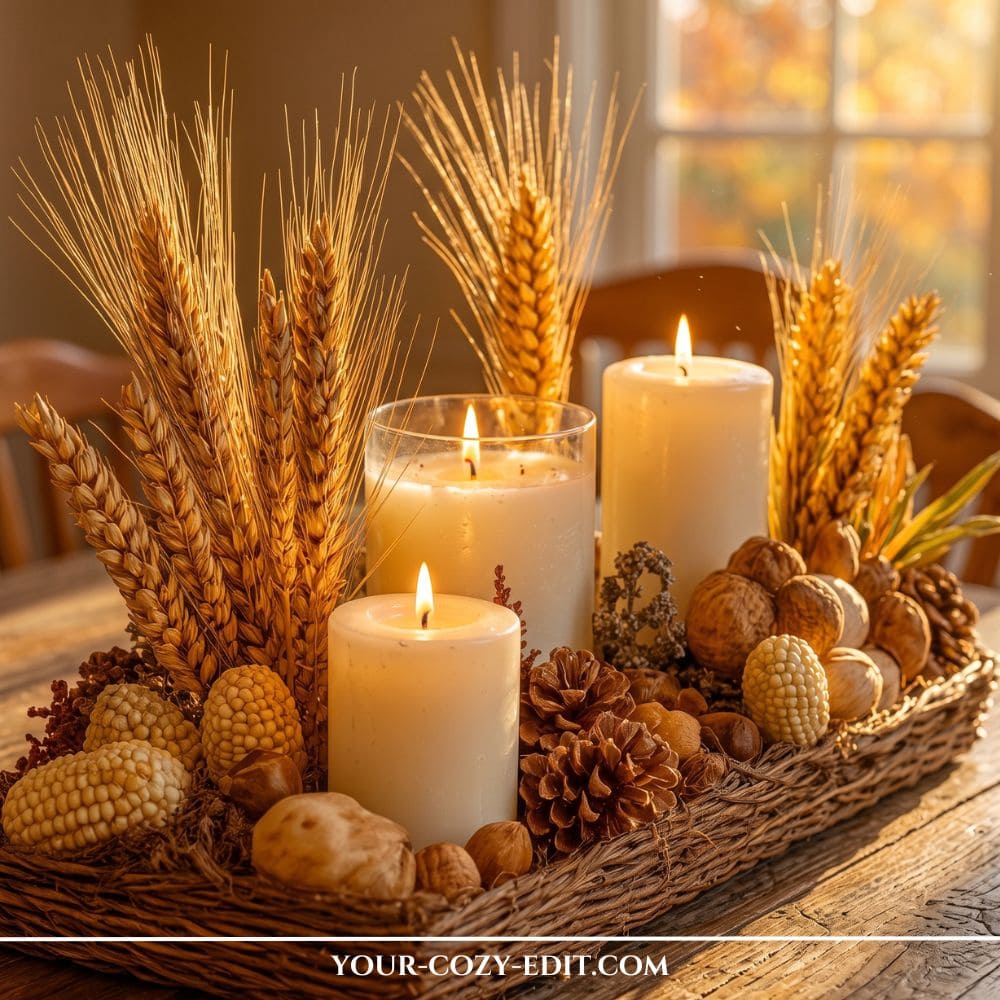 Rustic fall tray decor ideas styled in a woven basket tray with dried wheat stalks, glowing pillar candles, pinecones, and nuts on a wooden dining table.