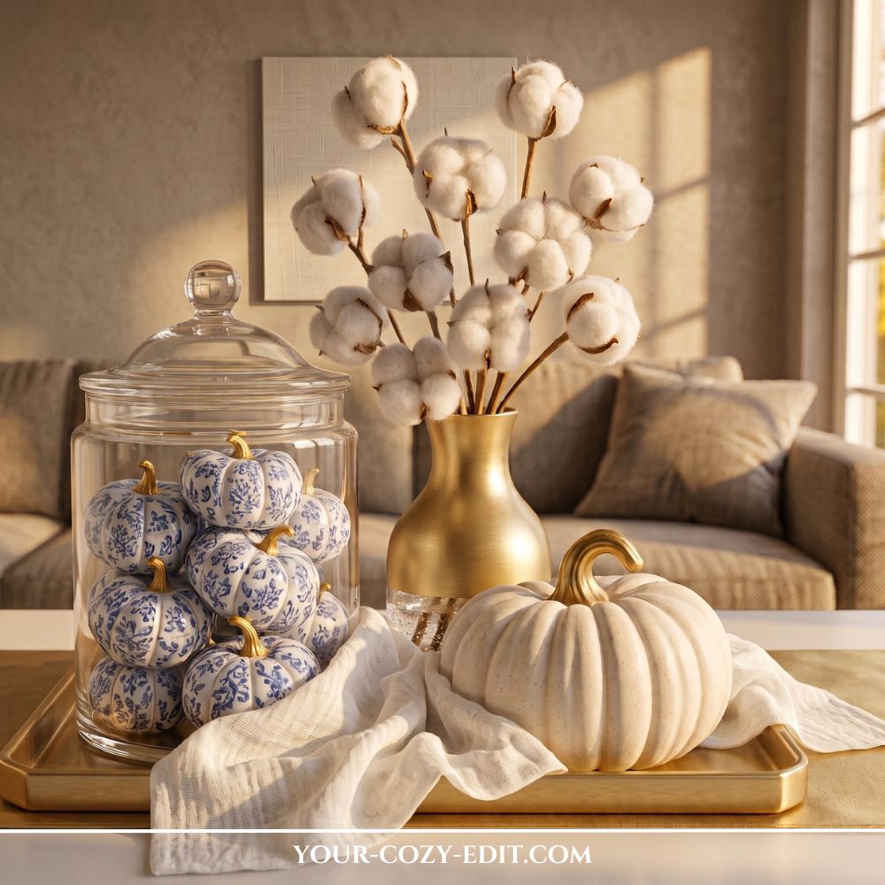 Effortless fall tray decor ideas styled with cotton stems in a gold vase, a large white pumpkin, and mini blue and white chinoiserie pumpkins in a glass apothecary jar on a brass tray.