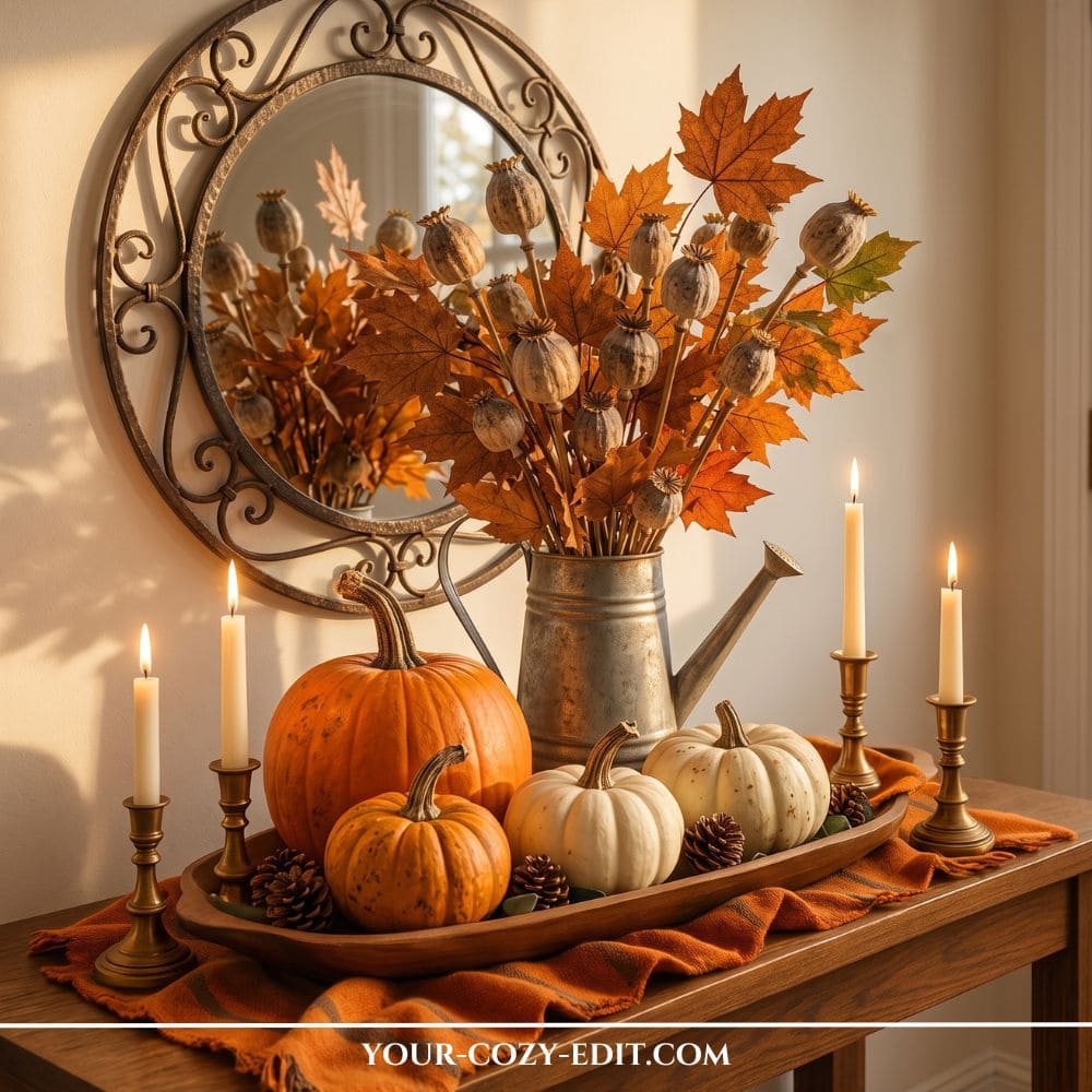 Rustic fall tray decor ideas featuring a wooden dough bowl with pumpkins, a vintage watering can with dried poppy pods, brass taper candles, and an orange runner on a console table.