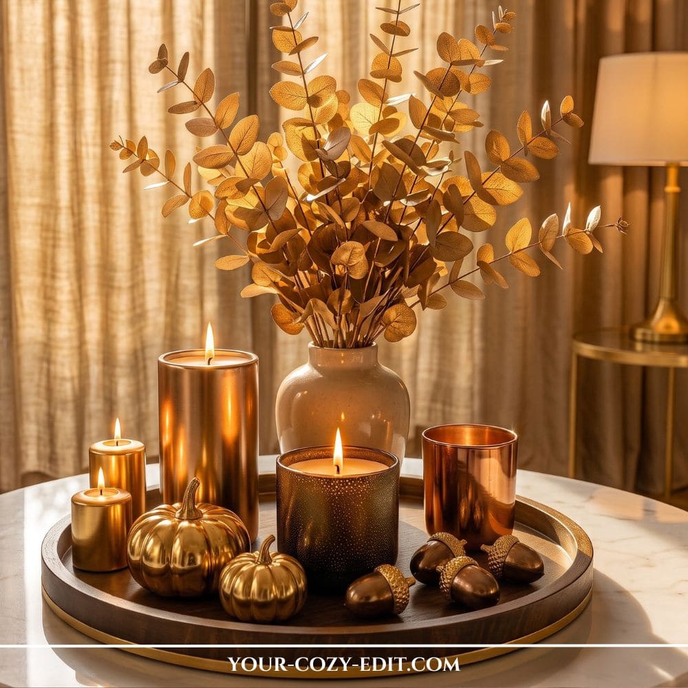 Chic fall tray decor ideas styled with golden eucalyptus branches in a vase, metallic bronze candles, and small gold pumpkins on a round wooden tray.