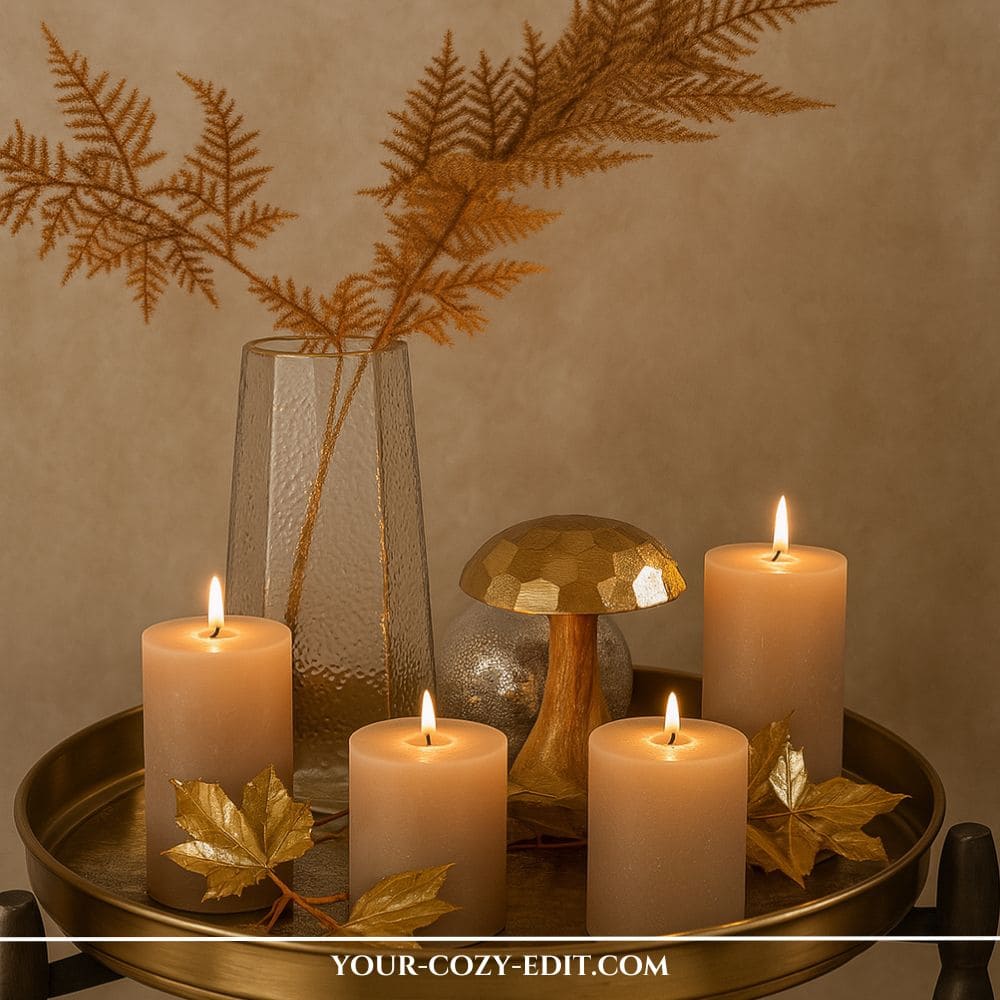 Elegant fall tray decor ideas featuring glowing beige pillar candles, a hammered brass mushroom, and golden fern fronds in a glass vase on a round brass tray.