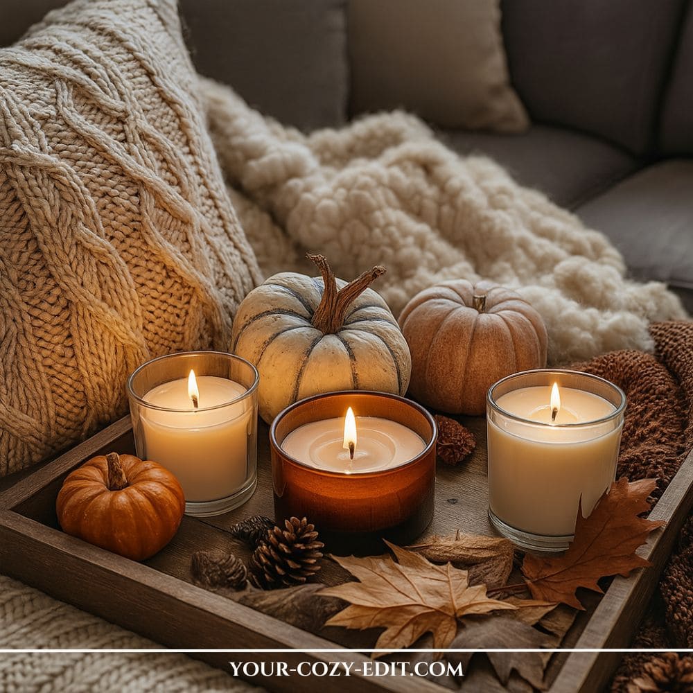 Cozy and effortless fall tray decor ideas styled on a sofa with glowing jar candles, muted heirloom pumpkins, pinecones, and chunky cable-knit pillows on a dark wood tray.