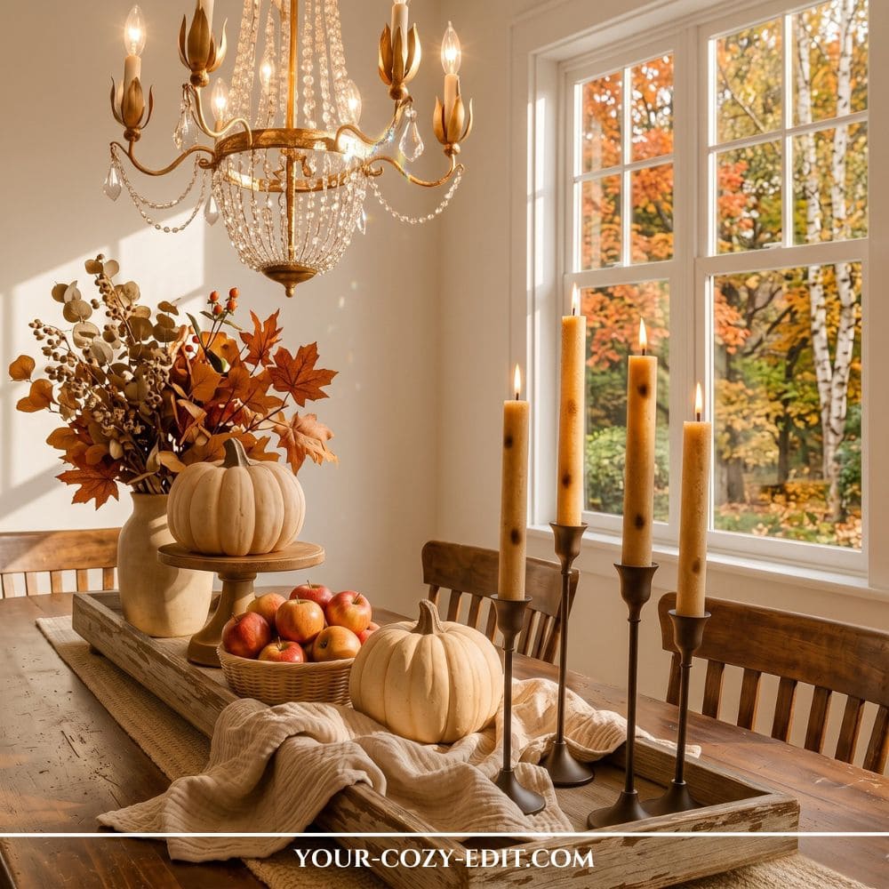 Long fall tray decor ideas styled on a dining table with a pumpkin on a wooden pedestal, apples in a basket, tall taper candles, and autumn foliage in a vase.