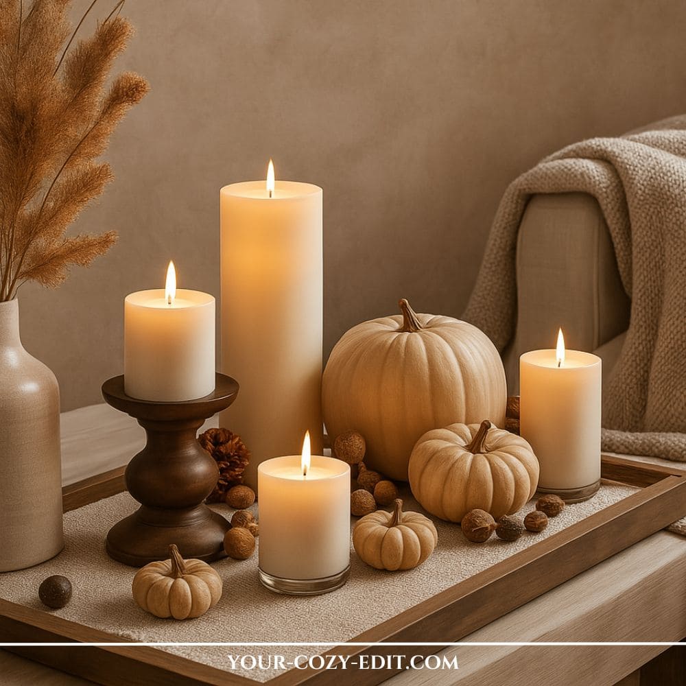 Neutral fall tray decor ideas styled with warm pillar candles, sand-colored heirloom pumpkins, and a dark wood candle pedestal on a linen-lined tray.